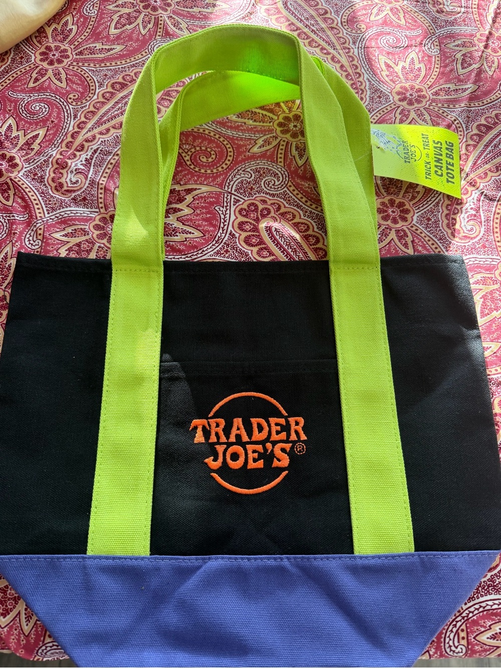 Trader Joe’s fall NWT Black Canvas Tote with Lime Handles and purple Base